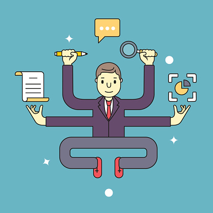 Concept of multitasking businessman who works with more arms. Management and multitasking - vector illustration