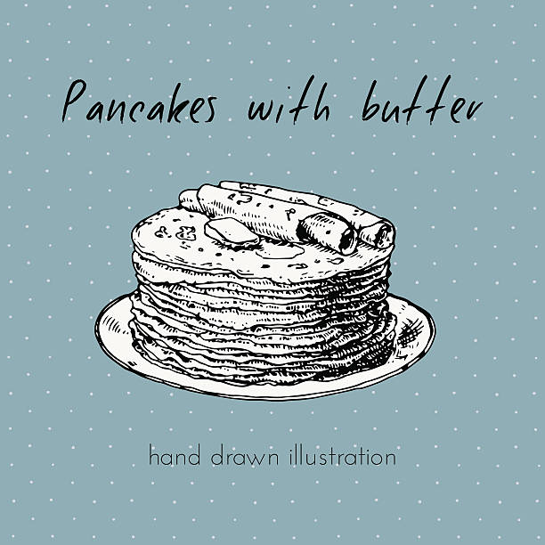 ilustrações, clipart, desenhos animados e ícones de mão desenhada ilustração vetorial da pilha de panquecas com manteiga - pancake illustration and painting food vector