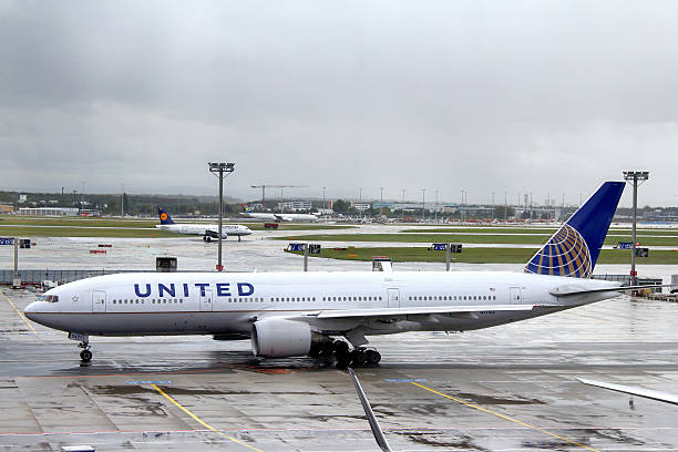 Frankfurt am Main, Germany - September 16, 2013: United Airlines Boeing 777 parked at the Flughafen International Airport.