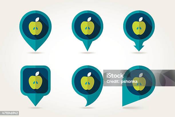 Apple Flat Mapping Pin Icon With Long Shadow Stock Illustration - Download Image Now - 2015, Apple - Fruit, Cartography