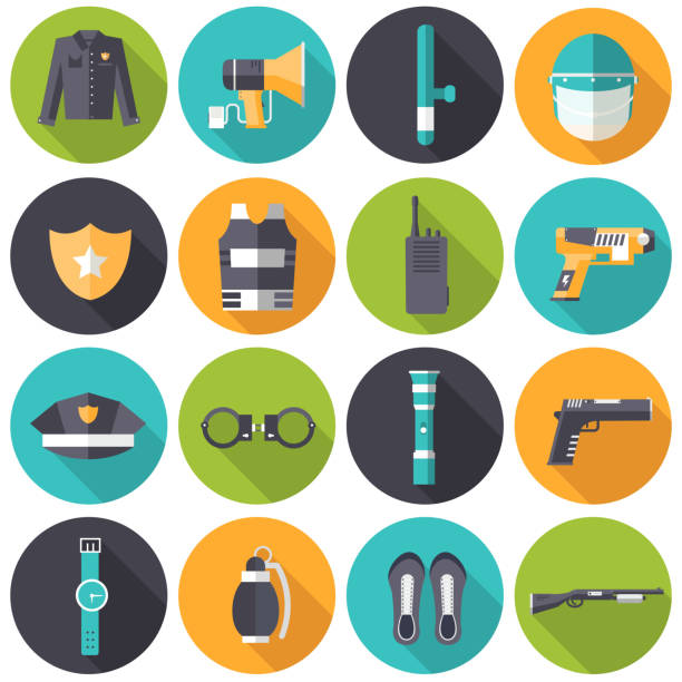 flache polizeiuniform und schutz icons set auf isoleted hintergrund - wire cutter stock-grafiken, -clipart, -cartoons und -symbole