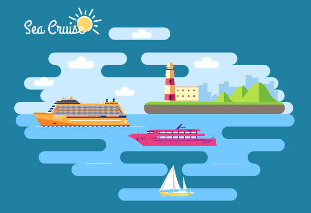 Set of flat yacht, scooter, boat, cargo ship, steamship, ferry, fishing boat, tug, bulk carrier, vessel, pleasure boat, cruise ship with blue sea background concept. Vector design illustration