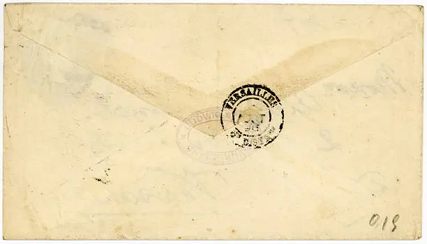 Backside of a grungy antique envelope with "Versaille" postal stamps over the seal. Makes a great background.  Letter sent from Great Britain to Versaille, France in 1896.  Size is 16" x 10" at 300 dpi.  Other side of envelope is also available and has "Versaille" handwritten in a large, graceful script.  See my portfolio for additional antique ephemera...