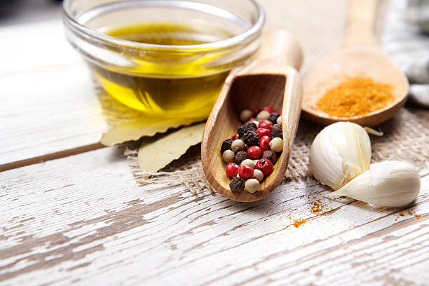 istock Spices on wooden background 471049254