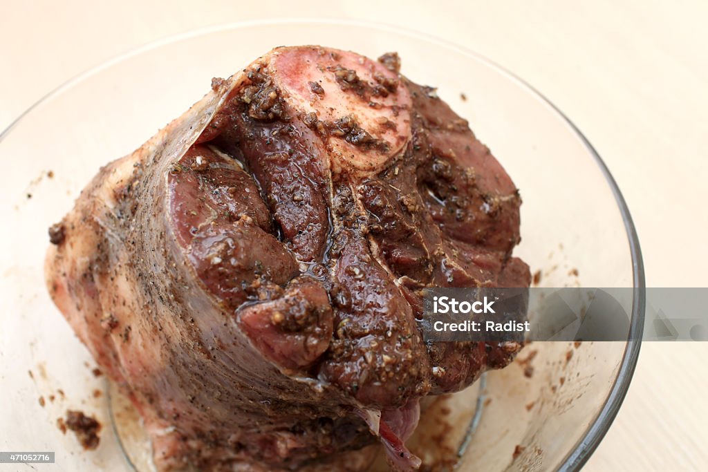 Marinated beef shin Marinated beef shin in the glass dish 2015 Stock Photo