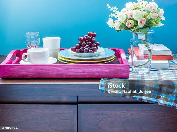 Flower Vase Tea Cup Dishware In Wooden Tray Interior Stilllife Stock Photo - Download Image Now