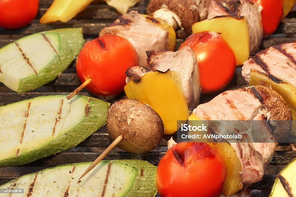 Delicious  Kebabs BBQ On Grill Delicious Mixed Kebabs BBQ On Hot Grill Background 2015 Stock Photo