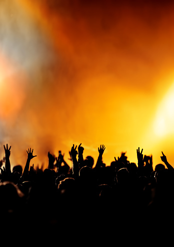 silhouettes of people on a rock concert raising hands