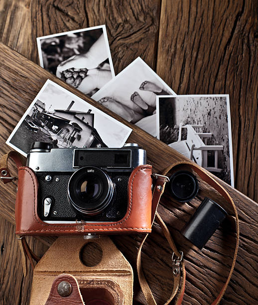 istock Old rangefinder camera and black-and-white photos. 471055524