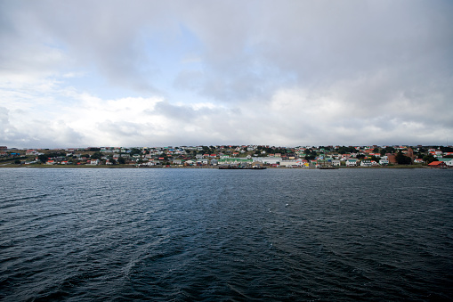 Seaview to Port Stanley the capital city of the Falkland Islands in summer.