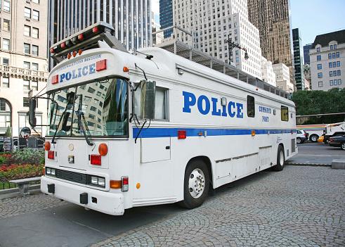 Mobile police command center parked in Grand Army Plaza, Manhattan, New York City, New York, USA.