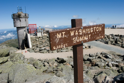 Summit of Mt. Washington, New Hampshire. The highest peak east of the Mississippi and north of Virginia. The sign is weathered and beaten, as befits the famous \