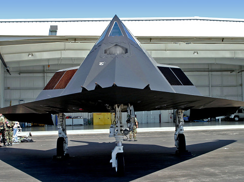 Close up of F-117A Nighthawk in an airbase.