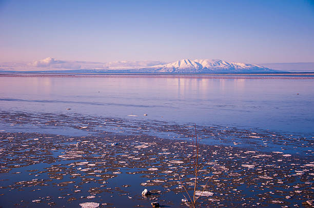 Mount Susitna Volcano Sleeping Lady Anchorage Alaska. Sunset a perfect picture with ice floating in the susitna river and channel and the Kink Arm or Turnagain Arm. Alaska is a wild and amazing place , with vibrant colors and snow covered  mountains. 