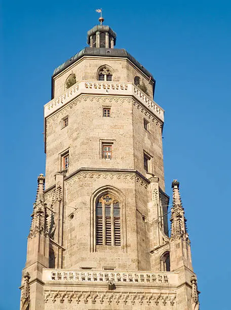 The tower of the church St. George ( The so-called "Daniel") in N&#246;rdlingen. Built 1427-1505. Swabia, Bavaria, Germany.