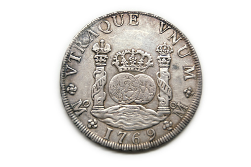 1769 Spanish Milled Dollar valued at eight reals, otherwise known as \