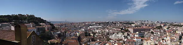 Panorama of Lisbon - Portugal. On the left of the picture we can see the hill of "Sao Jorge" Castle. In the rear the suspension-bridge of 25th of April which crosses the Tage river.