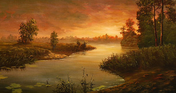 der stille river - forrest lake lichtstimmung nebel stock-grafiken, -clipart, -cartoons und -symbole