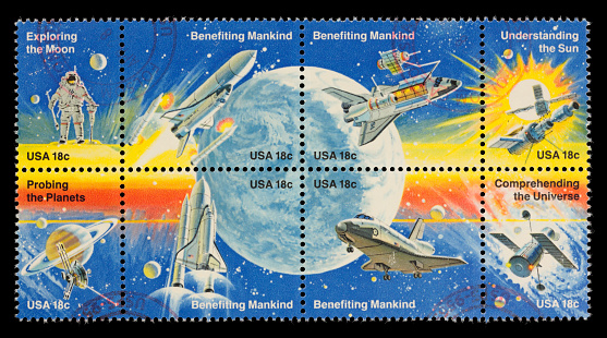 Block of 8 US stamps from 1981 commemorating United States' achievements in space. Canon 40D with 100mm macro; no sharpening.