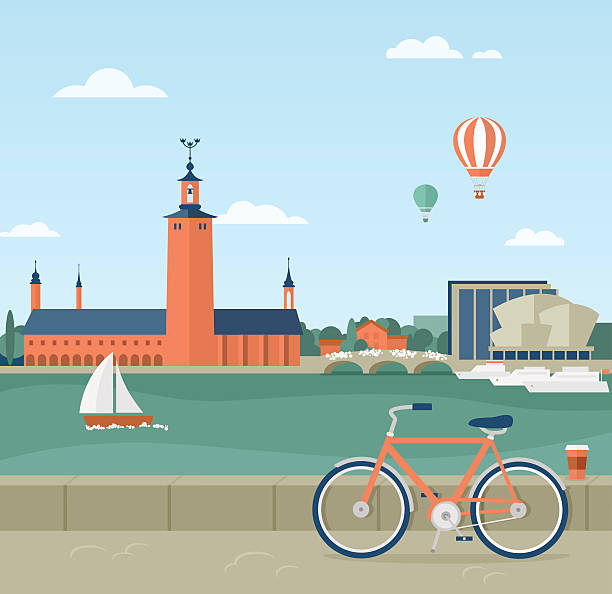 illustrazioni stock, clip art, cartoni animati e icone di tendenza di stoccolma lungomare, vista del municipio - stockholm