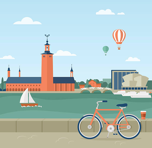 bildbanksillustrationer, clip art samt tecknat material och ikoner med stockholm seaside promenade, view of the city hall - stockholm