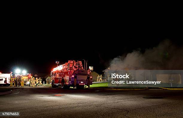 Scene Of The Fire Stock Photo - Download Image Now - Fire Engine, Night, Accidents and Disasters