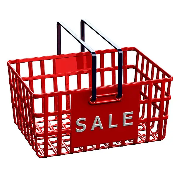 Red shopping basket with word sale, isolated on white background. 3D render.