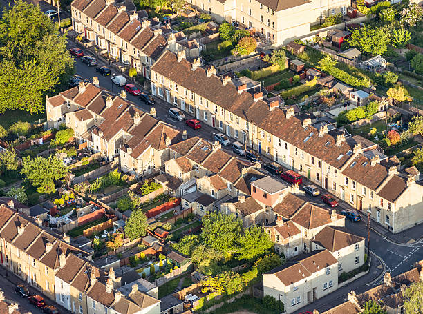 istock British terraced houses and gardens - Aerial view 471076138