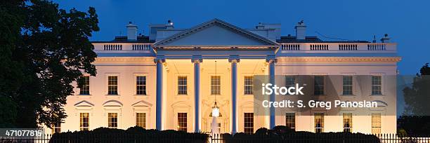 A Photograph Of The White House At Night Stock Photo - Download Image Now - White House - Washington DC, Washington DC, Facade