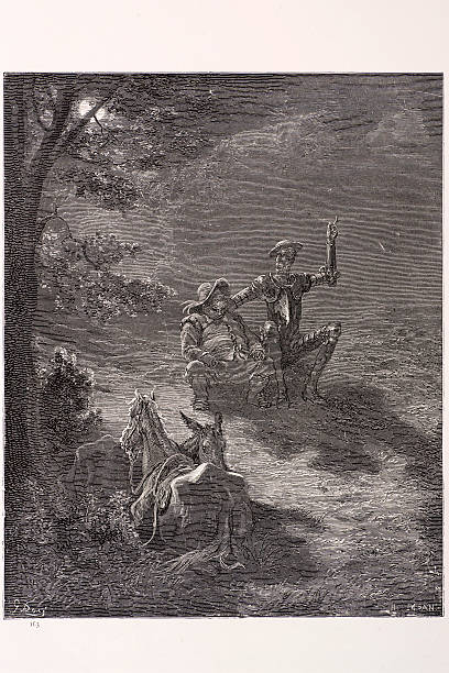 Nocturnal Discourse Nocturnal Discourse, a scene from Don Quixote. Engraving from 1870. Engraving by Gustave Dore, Photo by D Walker. don quixote stock illustrations