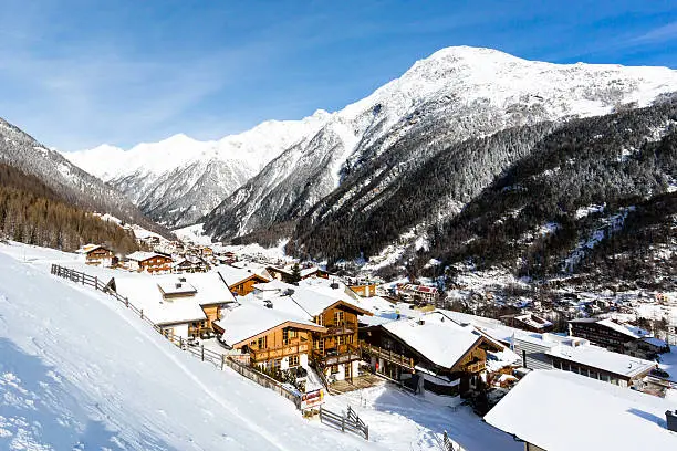 The mountain village at the Austrian ski resort Soelden on a cold and sunny winter day.