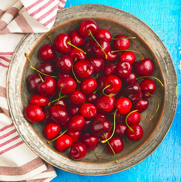istock Cherries in a silver vintage plate 471078632