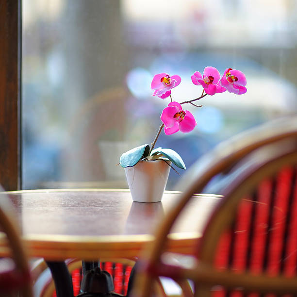 istock Beautiful lilac orchid in white pot on the table 471079134