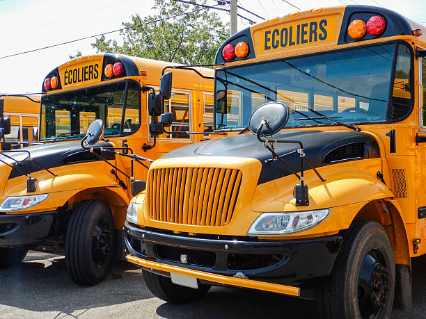 istock yellow school bus parked in row 471080538