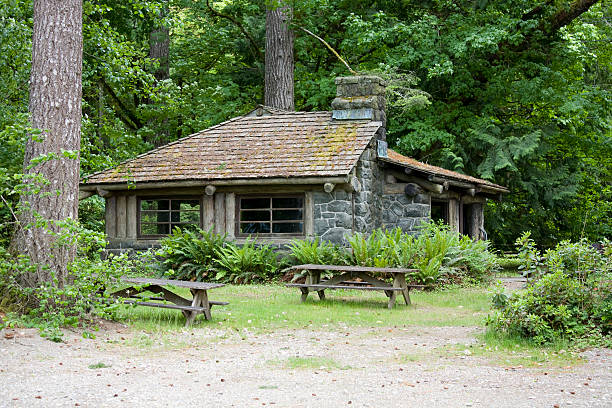 istock Log and Stone Cabin in the Woods 471082427