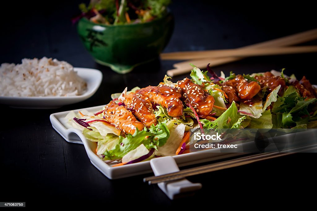 Japanesse food Japan style teriyaki chicken with salad and rice Chicken Meat Stock Photo
