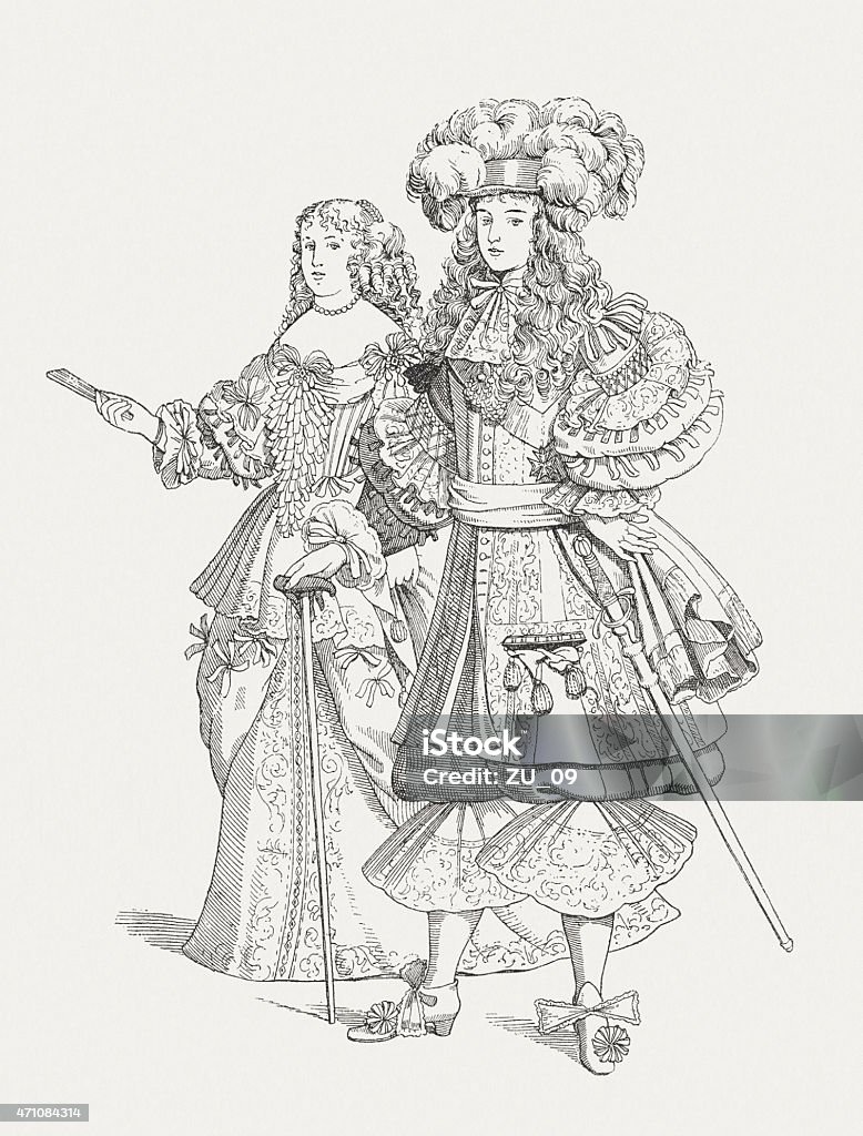 Louis XIV and his first wife (c.1660), published in 1881 Louis XIV, King of France (Sunking, 1638 - 1715) and his first wife Maria Theresa of Spain (1638 - 1683). Woodcut engraving after an etching (c. 1660) by Nicolas II de Larmessin (French publisher, 1638 - 1694), published in 1881. Louis XIV Of France stock illustration