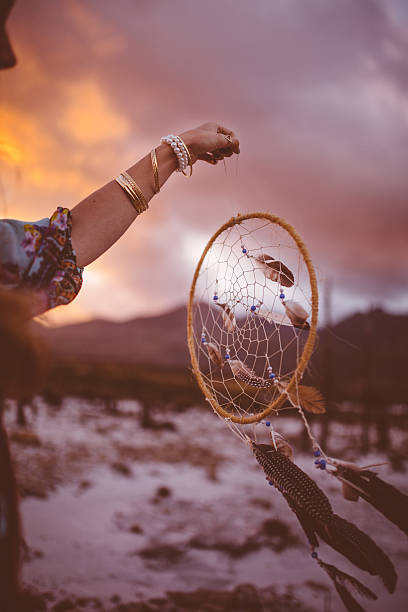 istock Dream catcher being held up in a natural evening landscape 471084528