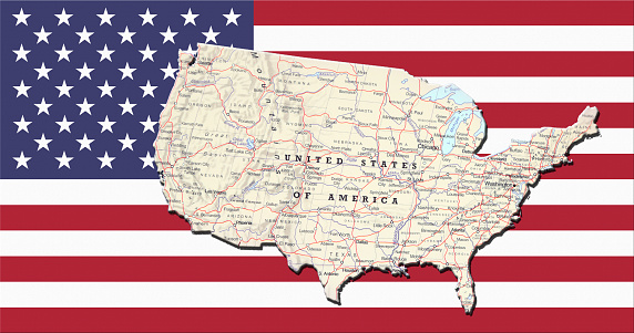 Geographical map of United States of America with the USA flag as background