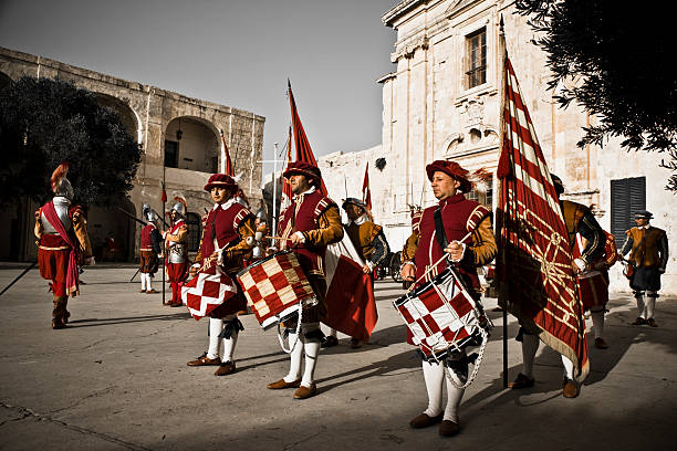 Drummers Fort Saint Elmo Knights Malta Drummers of the Knight Hospitaller Army in the Inner Courtyard of Fort Saint Elmo. Military re-enactment at Fort St. Elmo, Valetta, Malta. Canon 1Ds Mark III knights of malta stock pictures, royalty-free photos & images