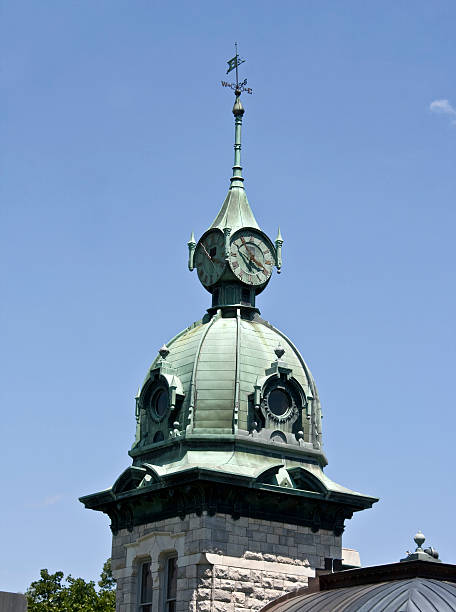 istock Copper dome of old building with clock and vane 471086279