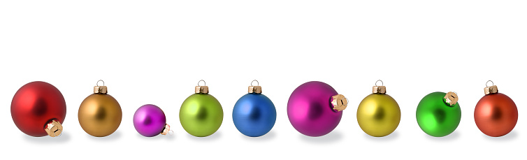nine colorful christmas baubles in a row, isolated on white background. 