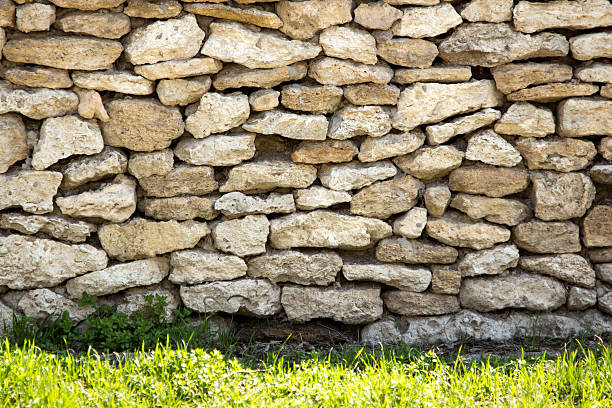 istock background texture of stone wall with green grass 471089188