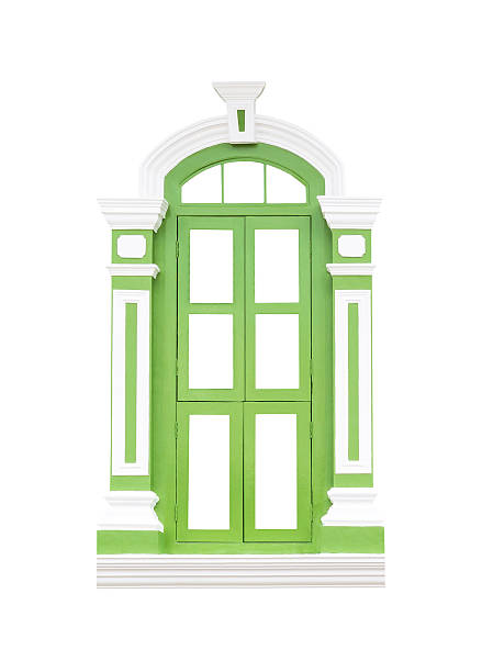 istock Green classic wooden window frame on white 471090212