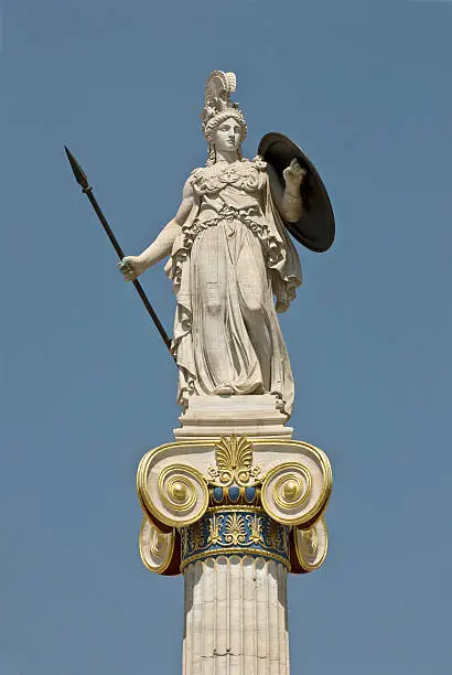 Athena, Ancient Greeks' goddess of heroic endeavour and wisdom. The statue is located by the main entrance of the Academy of Athens, Greece.