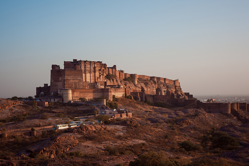 Meherangarh Fort at sunset, Jodhpur, India, the famous palace in Rajasthan.