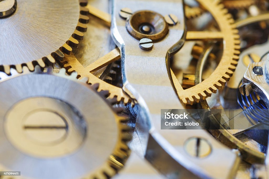 Time Machine Macro shot of mechanical watch gears. Countdown Stock Photo