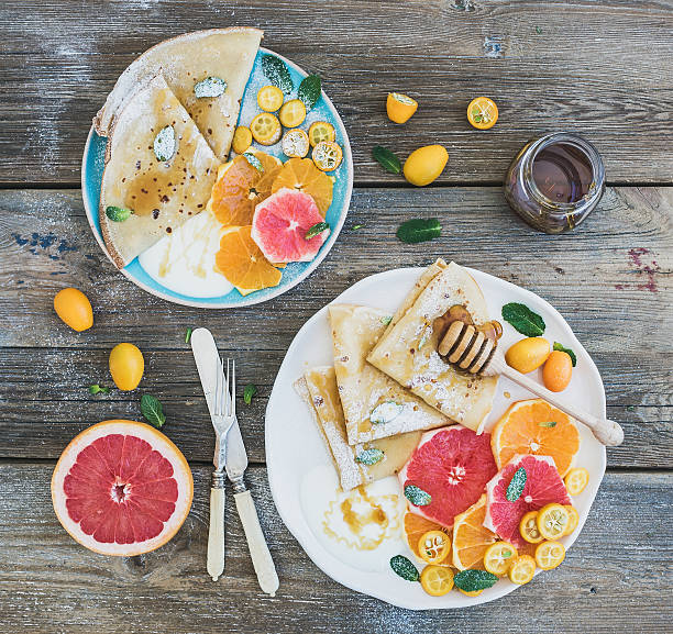 istock Spring vitamin breakfast set. Thin crepes or pancakes 471095504