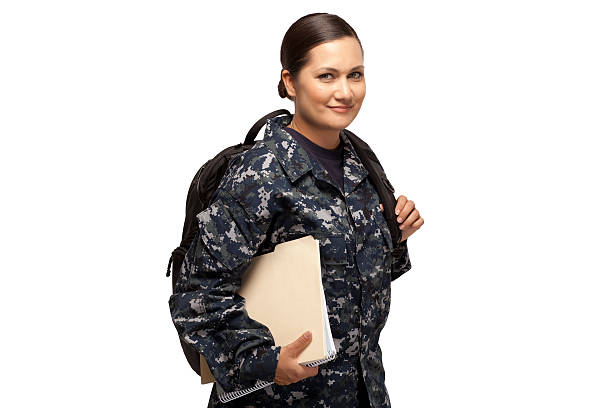 Female sailor with shoulder bag and books stock photo