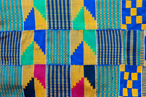 Full Frame shot of Kente Cloth which is a textile from Ghana Africa different colors and patterns have different symbolic meanings